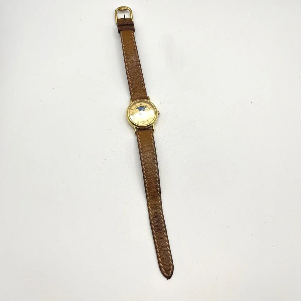 Tissot C220 Moonphase Watch Date Gold Tone Roman Numeral Brown Leather Strap